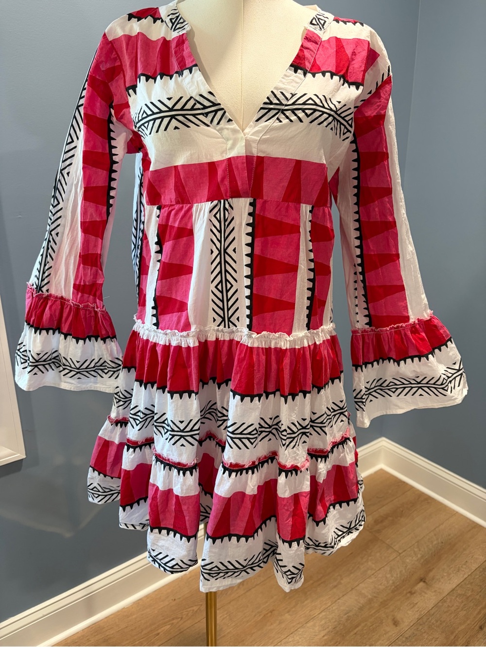 Bindu Pink Red Geometric 100% Cotton Tunic Dress Small Boho Resort Mini